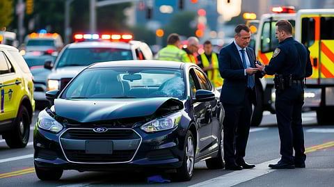 Police officer and driver at car accident scene with emergency vehicles