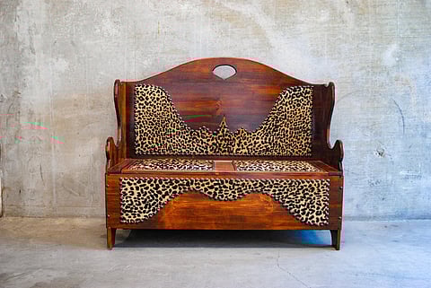 Wood and exotic animal print leather bench with truck storage
