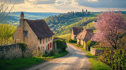 French countryside village with stone houses, vineyards, and spring tree