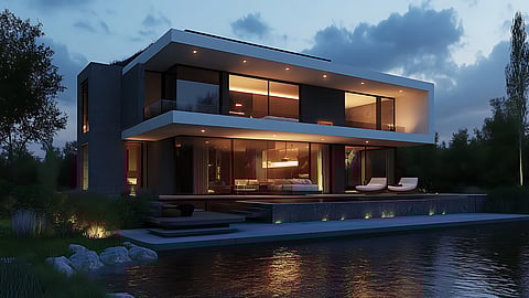 Contemporary waterfront home at dusk with floor-to-ceiling glass walls