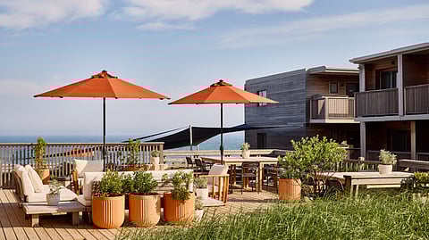 Shoulder Season Serenity: Aerial View of Marram Montauk by the Dunes