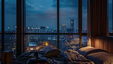 Modern city home with contemporary design and view of skyline