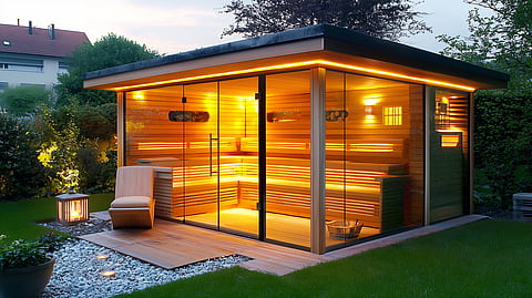 Modern outdoor garden sauna glowing warmly at dusk with glass walls