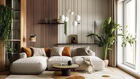 Modern living room with neutral sofa, warm wood accents, and indoor plants