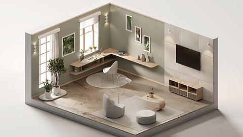 Minimalist 3D-rendered living room with modern furniture