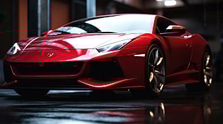 Red luxury sports car parked indoors with sharp, modern design