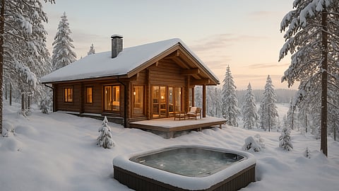 Luxury chalet in snowy Lapland with outdoor hot tub at sunset