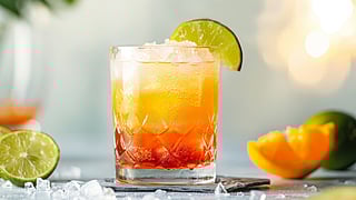 Tropical sunset mocktail with lime garnish and crushed ice in a glass