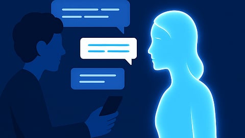 Person chatting with a glowing AI avatar. overlays