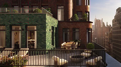 A private terrace at The Village West offers sweeping views