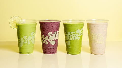 Assorted smoothies from Sunshine Coffee in branded cups