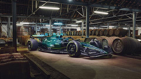 Aston Martin Formula One car inside Glenfiddich whisky warehouse