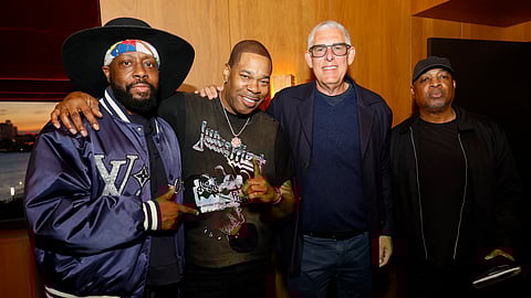(L-R) Wyclef Jean, Busta Rhymes, Lyor Cohen and Chuck D