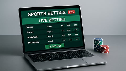 Laptop showing NJ sports betting online with poker chips on table