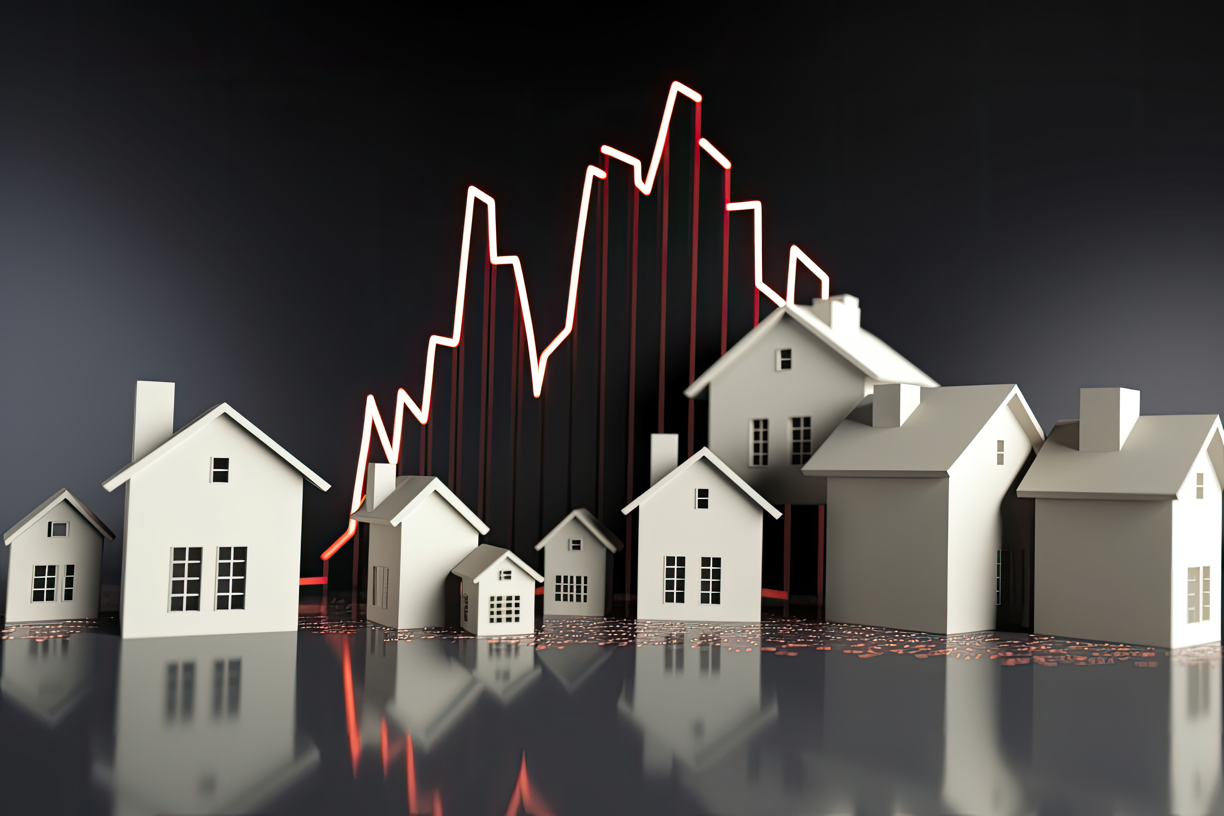Miniature houses with fluctuating market graph background