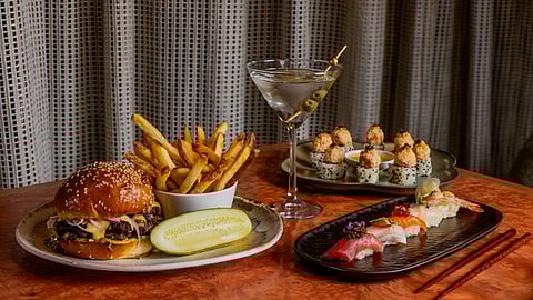 Eight Bar burger, golden nigiri, king crab roll