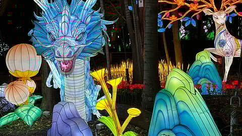 Dragon and deer lanterns surrounded by colorful illuminated scenery