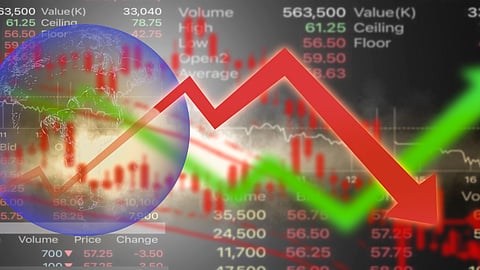 A digital image showing global stock market volatility