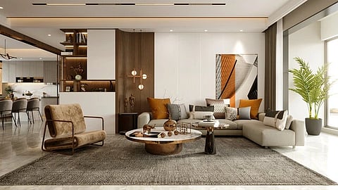Modern luxury living room in a California home with warm neutral tones
