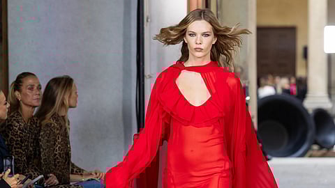 Model in flowing red chiffon gown at Blumarine Spring/Summer 2026 show