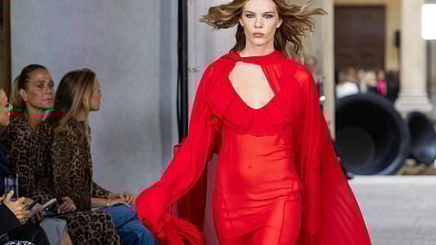 Model in flowing red chiffon gown at Blumarine Spring/Summer 2026 show