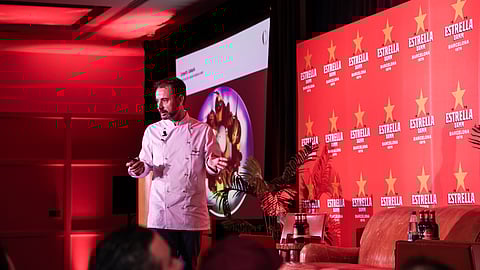 Chef Eduard Xatruch speaking at the Estrella Damm Gastronomy Congress
