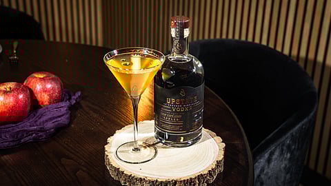 Upstate Vodka Black Oxford bottle and cocktail with heirloom apples