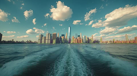 Boat wake leading toward the Manhattan skyline under a bright blue sky