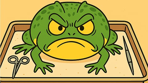Illustration of a defiant-looking frog on a lab tray