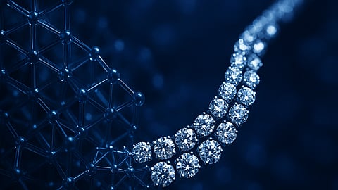 AI-rendered macro of a crystal lattice morphing into a diamond necklace