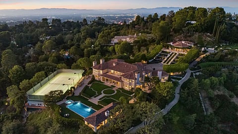 Aerial view of 2911 Antelo View Drive overlooking the Los Angeles skyline