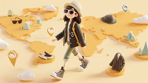 3D illustration of a traveler walking across a world map