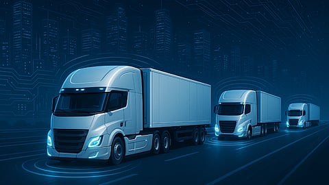 Autonomous trucks driving through a smart city at night.