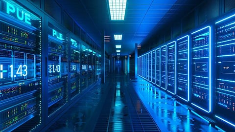 Blue-lit data center hallway with glowing energy efficiency displays