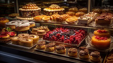 Display of vegan pastries and cakes in a Miami bakery showcase