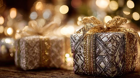 Holiday gifts with gold and silver decorations