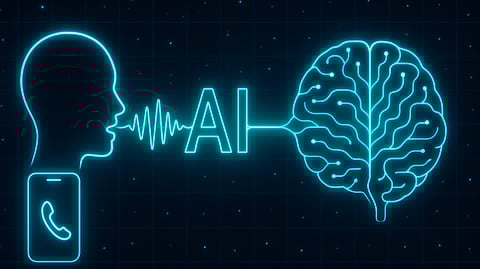 A glowing AI waveform connecting a human voice to a digital brain