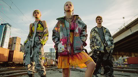 Models in colorful Y2K streetwear posing on train tracks at sunset