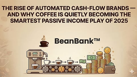 A banner showing automated coffee income concept with beans, machines, and money