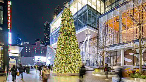 Illuminated holiday tree at Plaza33 surrounded by visitors in the Penn District at night