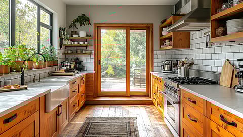Sunny Arlington kitchen with wood cabinets, garden views, and expanded workspace