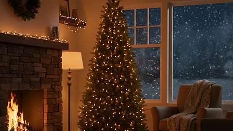 Christmas tree lit beside fireplace in a cozy living room during a snowy winter night