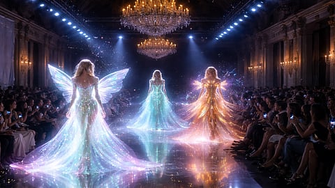 AI generated couture runway with glowing gowns at a Paris fashion show