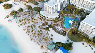 Aerial view of Aruba Marriott Resort & Stellaris Casino along Palm Beach