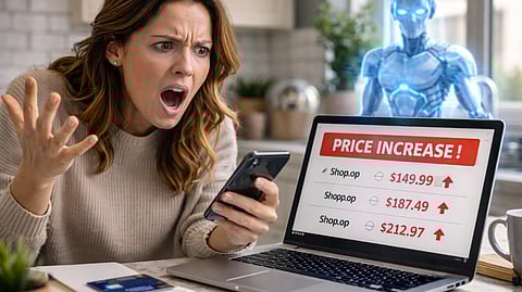 Woman reacting to rising prices as an AI pricing system increases costs in real time