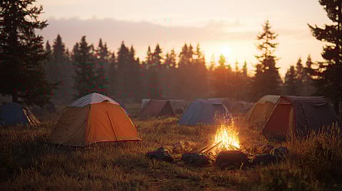 Remote campsite at dusk illustrating isolation, awareness, and safety considerations while camping