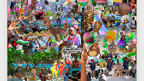 Large mixed-media collage artwork featuring layered figures, symbols, and vibrant colors