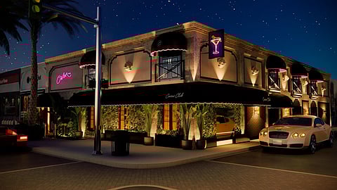 Caviar Club exterior rendering on Las Olas Boulevard with illuminated facade and palm-lined entrance