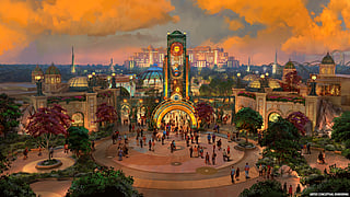 Concept rendering of Universal Epic Universe entrance in Orlando with illuminated clock tower