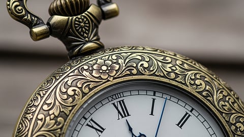 Close-up of an antique pocket watch with ornate engraved case and Roman numeral dial